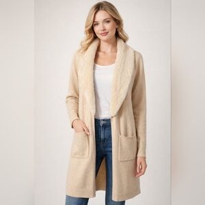 On Twelfth Cream Longline Open Front Cardigan Faux Fur Collar Sz L (M)